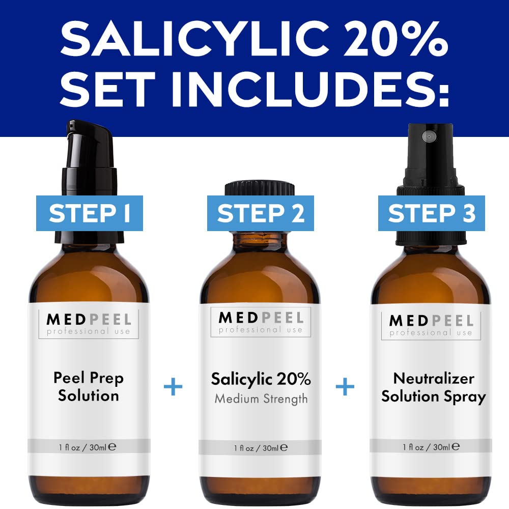 MedPeel Salicylic Acid 20% Essential Peel Kit, Includes Peel, Prep, Neutralizer, Medium Strength Professional Grade Chemical Face Peel for all Skin Tones, 1oz/30ml (Kit of 3)