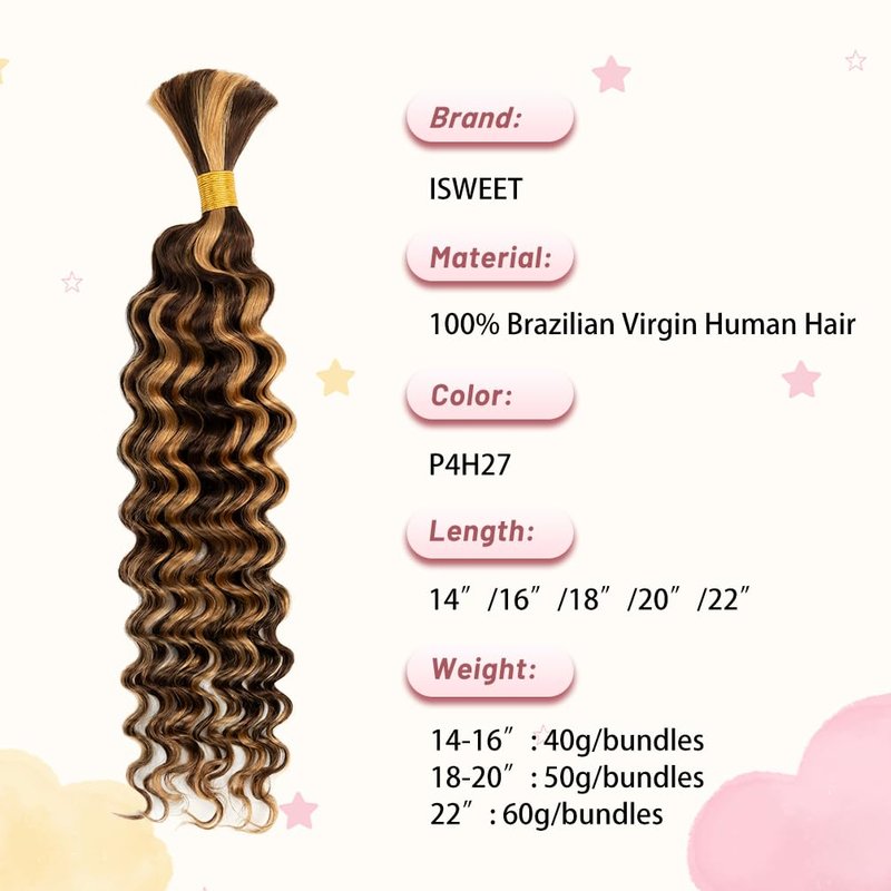 Human Braiding Hair - 22 Inch 60G Deep Wave Bulk for Boho Knotless Braids | Wet & Wavy Curly Hair