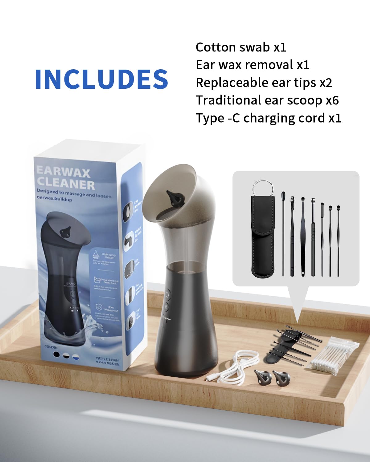 Ear Wax Removal Kit with Integrated Waste Tank, Safe Water Ear Cleaner with Temperature Sensor, 4 Pressure Modes for Varying Earwax Levels – Effective Smart Electric Ear Cleaning for Family Use