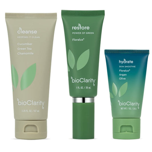 BioClarity 3-Step Essentials Skin Routine, for Normal & Oily Skin Types, Cleanse Restore Hydrate, Gentle Clean Face Care, 100% Clean Vegan Ingredients, Mini Size
