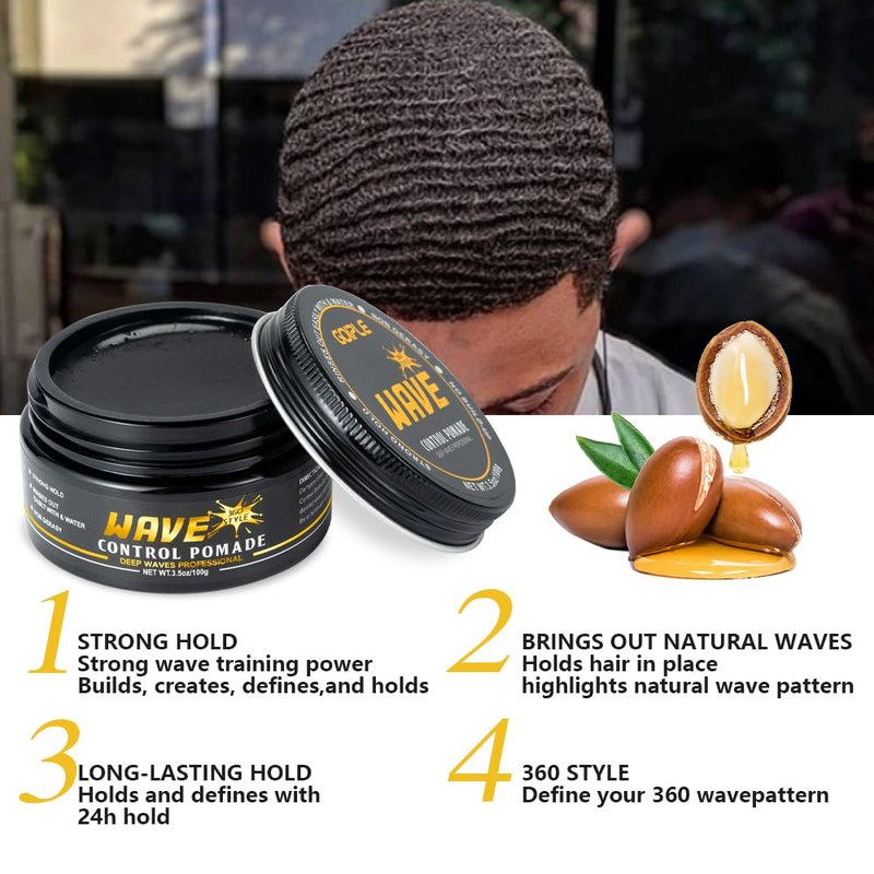 Wave Pomade for Men Strong Hold Easy Wash 360 Wave Training Hair Cream, Waves Grease for Men Promotes Layered Waves, Moisture, Silky Shine, Wave Pomade Wave Brushe Silky Durag Wave Cap Set (Blue)