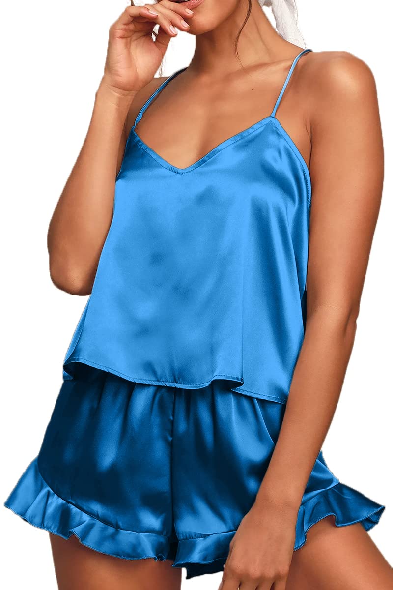 CHYRII Women's Sexy Cami Pajamas Sets Silk 2 PCS Lounge Sets with Ruffled Shorts Sleepwear Teal XS