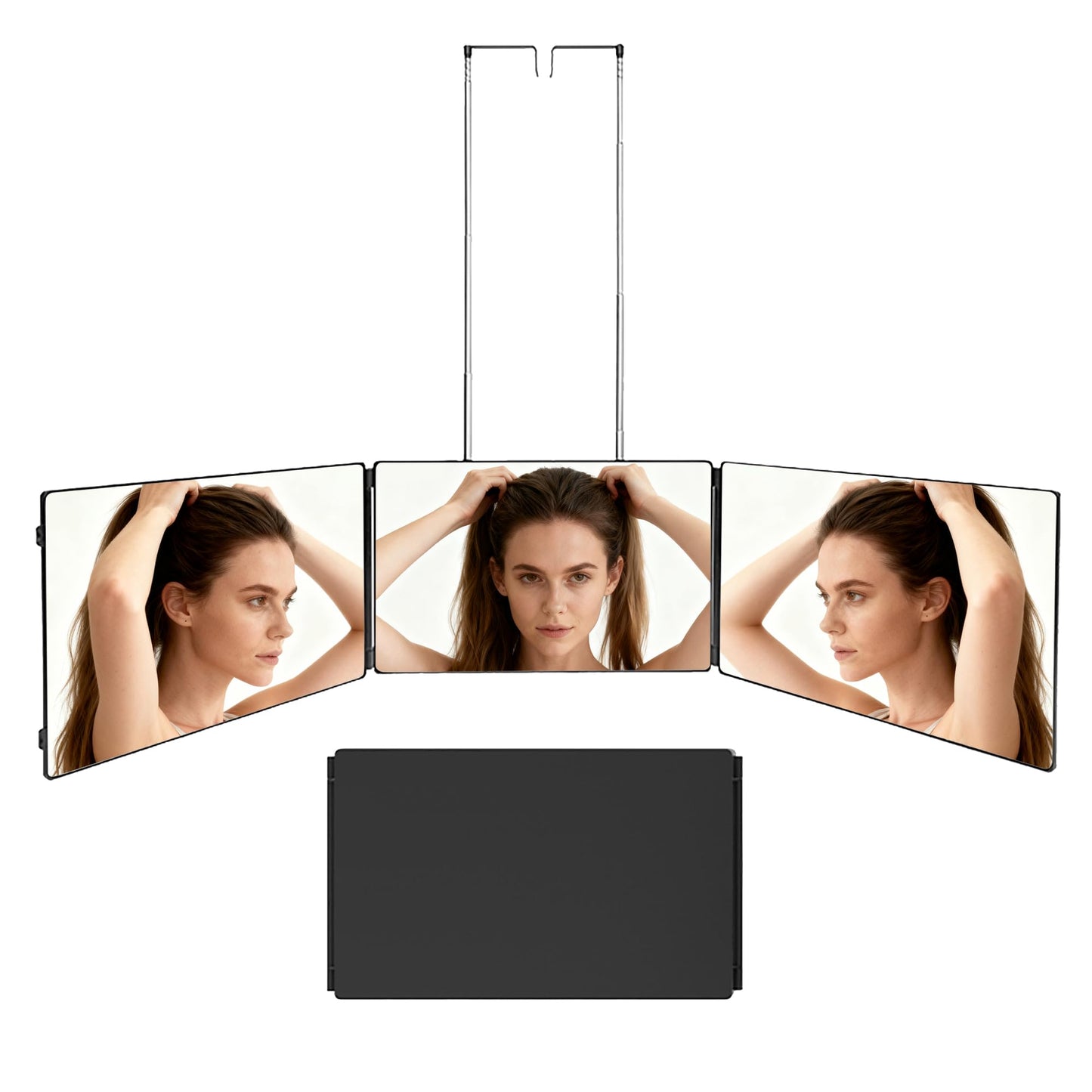 3 Way Mirror for Self Haircut with Adjustable Hook - 360° Trifold Barber Mirror, HD Anti-Distortion Glass, Portable Black Mirror for Hair Cutting, Shaving, Braiding & Makeup (Door/Wall/Tabletop Use)