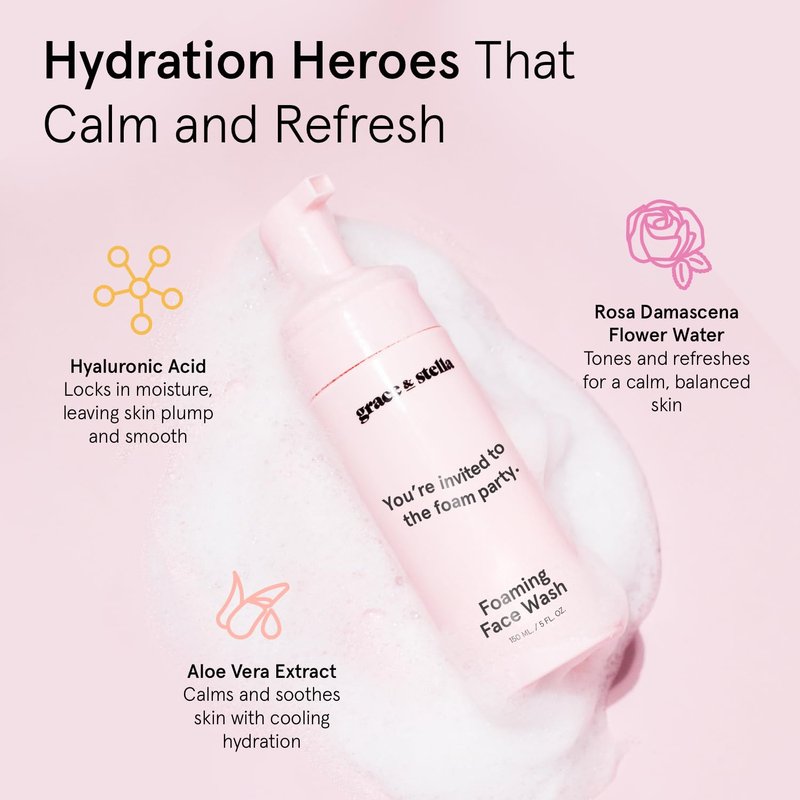 grace & stella Award Winning Hydrating Face Wash (150ml) - Gentle Foaming Facial Cleanser with Hyaluronic Acid, Rose Water, Aloe Vera - Moisturizing Cleansing Foam for Normal to Very Dry Skin - Vegan