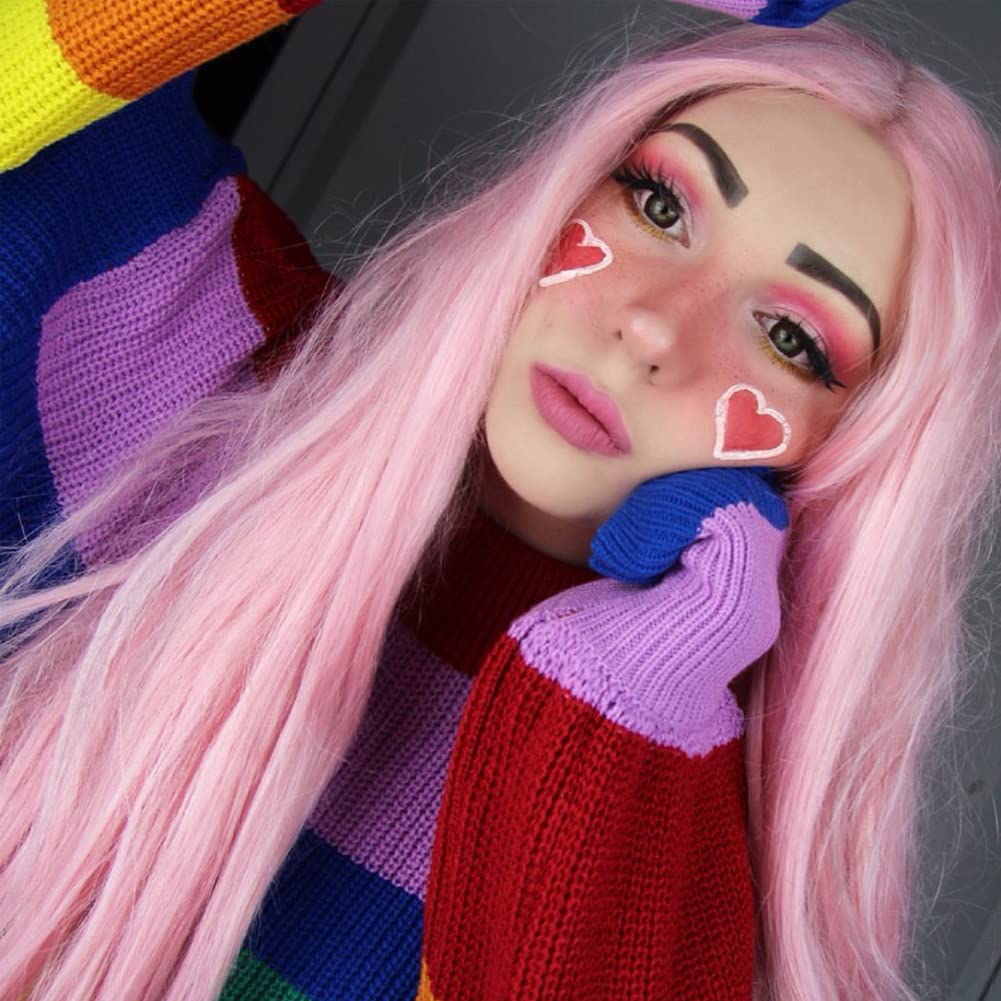 Angle Lucky Pink Lace Front Wig Long Silky Straight Light Pink Lace Wig Synthetic Heat Resistant Fiber Realistic Hairline Wigs for Women Cosplay Daily Use 24inch