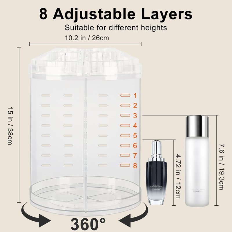 Makeup Organizer - 360° Rotating Adjustable Cosmetic Storage Display Case | 8 Layers, Large Capacity, Clear