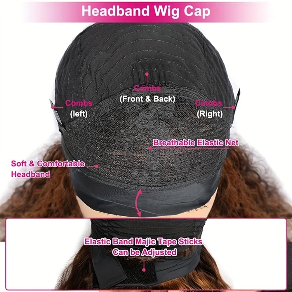 Youngirl Ombre Deep Wave Headband Wig Human Hair #4/27 Curly Headband Wigs for Black Women Human Hair Glueless None Lace Front Wigs Brazilian Virgin Hair Wig Machine Made 150% Density 12 Inch