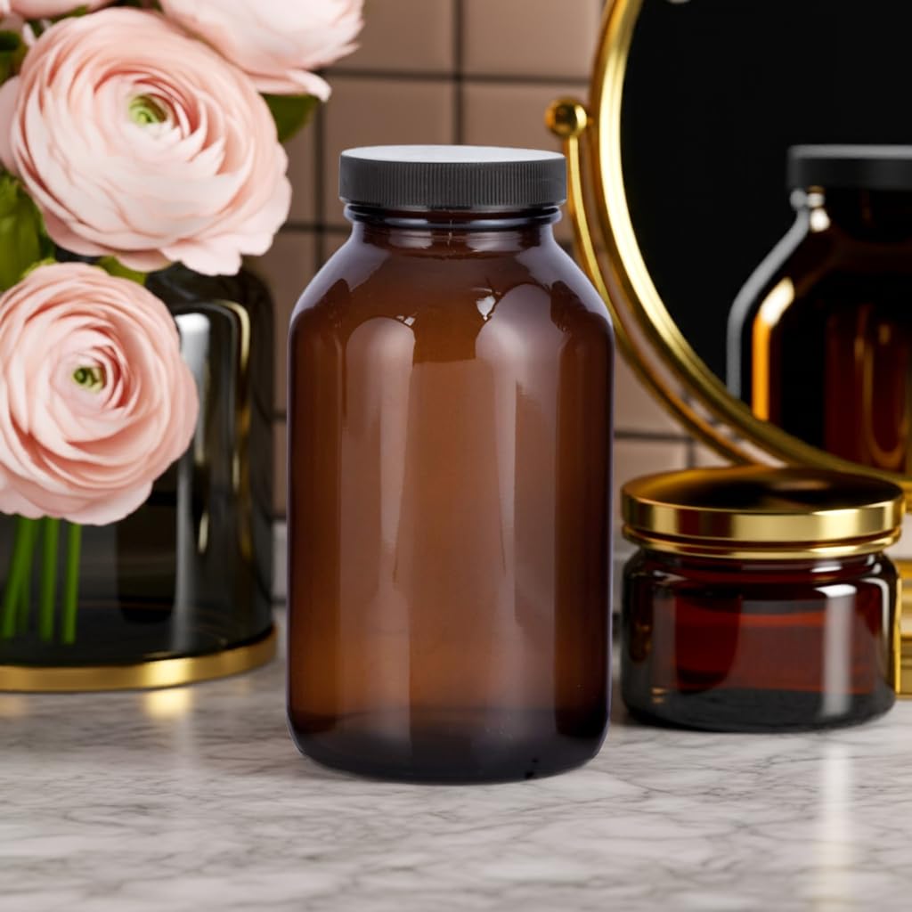 JUVITUS Amber 17 oz Wide Mouth Glass Packer Bottle with Black Lid (4 pack)