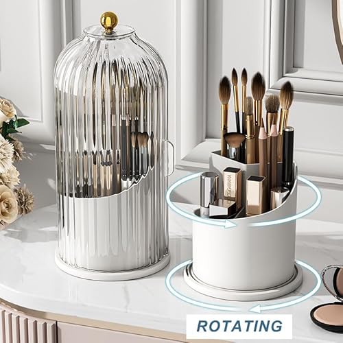1PCS Makeup Brush Holder Organizer with Clear Lid 360 Rotating Sliding Opening Dustproof Brushes Container for Vanity