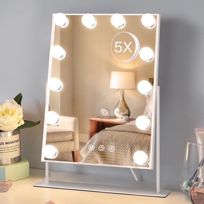 Hollywood Vanity Mirror - 12 Dimmable Bulbs, 3 Color Modes, 5X Magnification | Smart Touch Control, 360° Rotation (White)