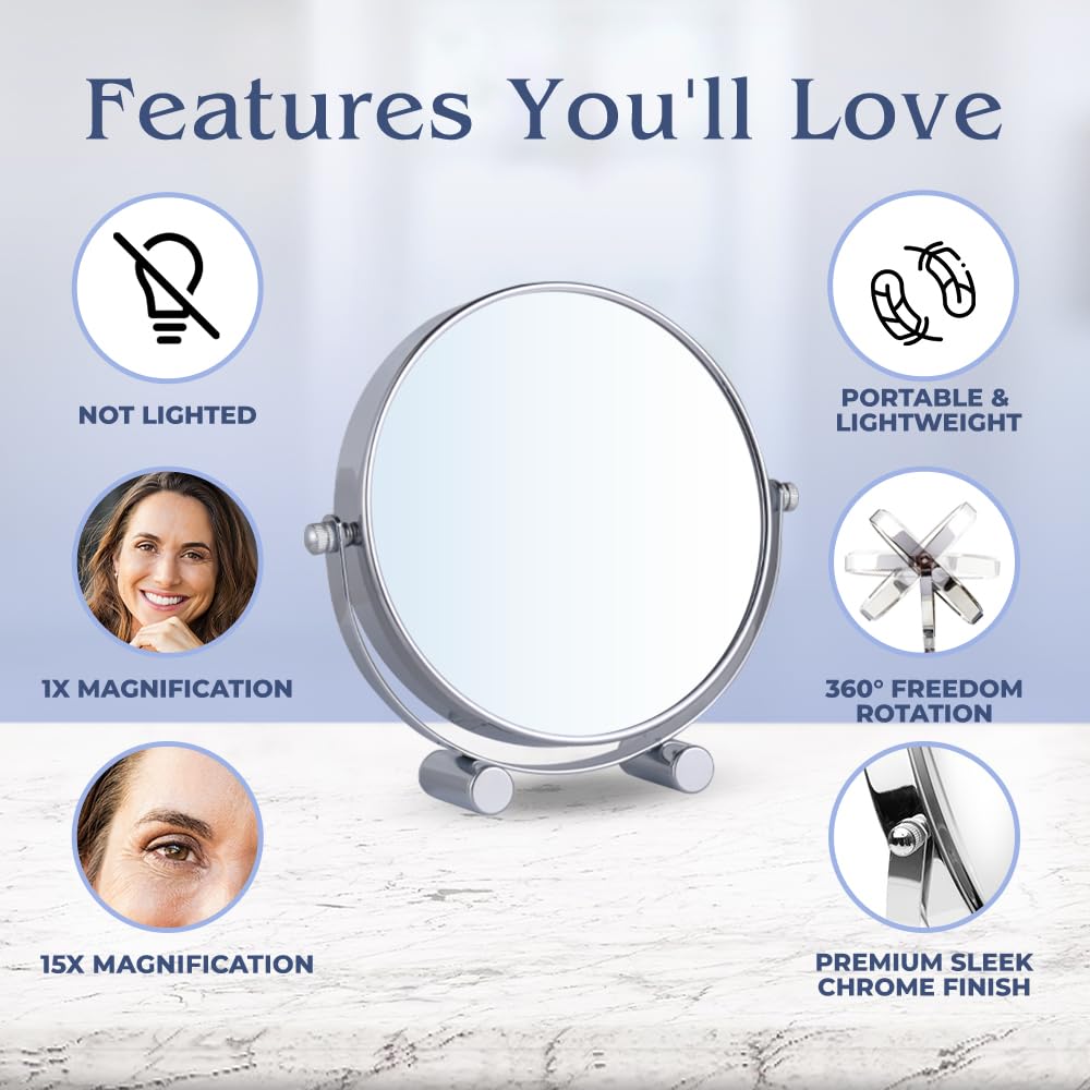 Small Double Sided 15x /1xMagnifying Tabletop Makeup Mirror for Desk, Dressing Table and Retail Store & 10X/1X Foldable Magnifying Hand Makeup Mirror, 3-in-1 Hand Mirror Bundle