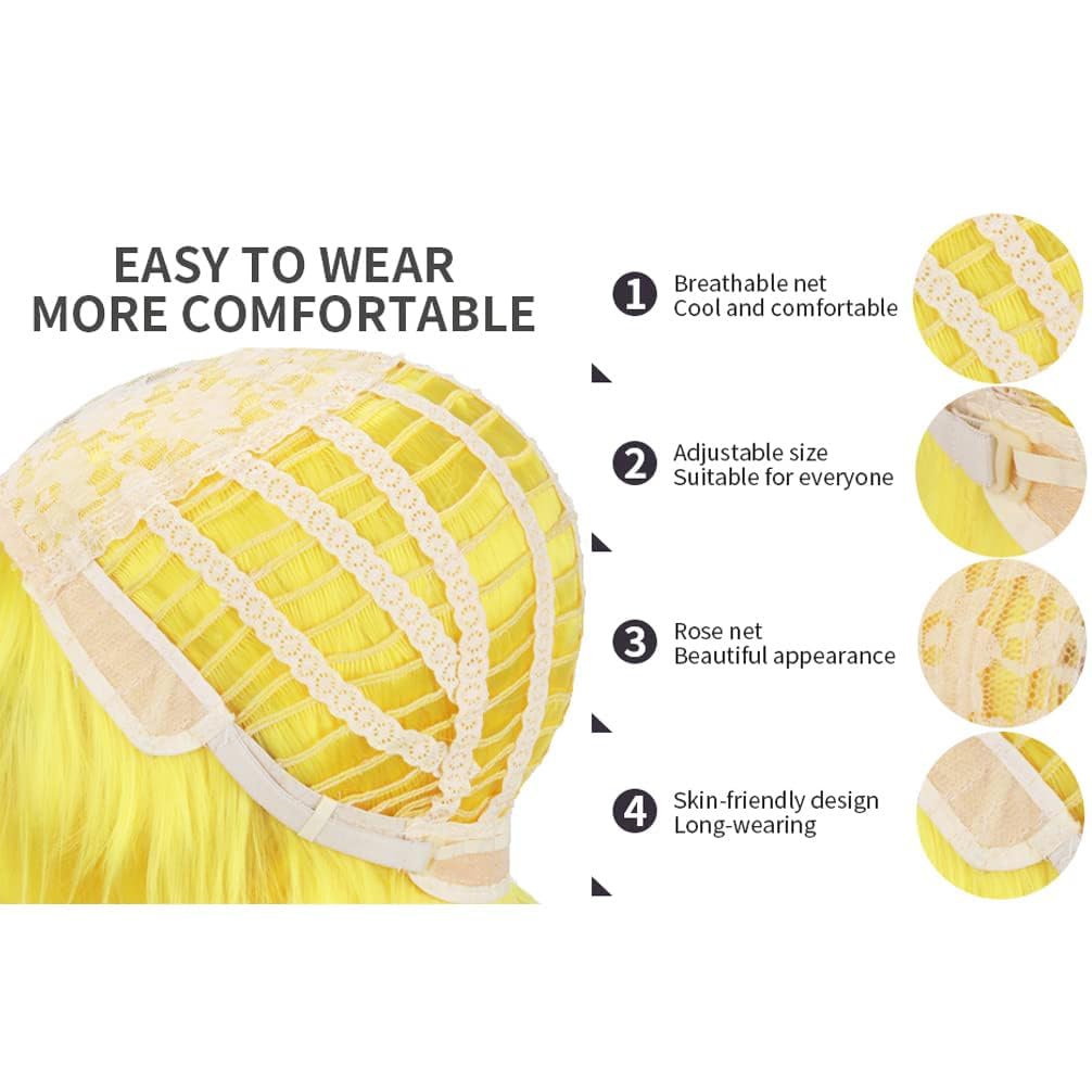 RightOn Yellow Wig Short Yellow Wig for Men and Women Cosplay Halloween Party Hairnet Include