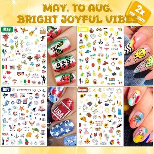 12 Months All Holiday Nail Stickers, 24 Sheets Seasonal Variety Pack 2 Pcs Per Month DIY Nail Art, Self-Adhesive Pegatinas U?as for a Year of Halloween Christmas Thanksgiving&Valentine¡¯s Day