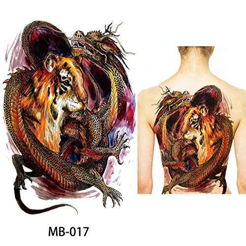 Glaryyears Super Large Full Back Covered Temporary Tattoo, 3 Pack Big Fake Realistic Tattoos Stickers for Adults Women Men, Scary Fierce Dragon Tiger Design
