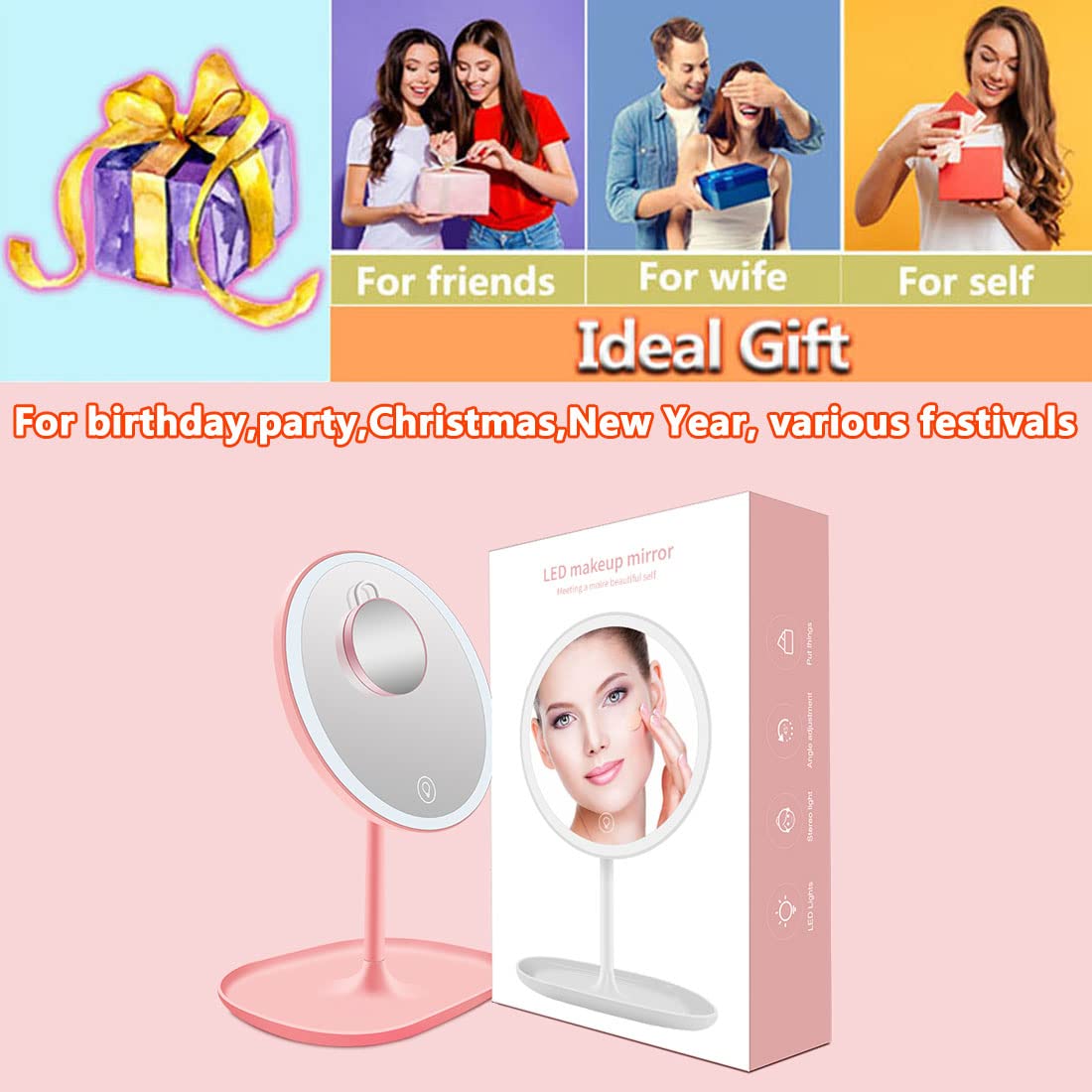 CigyYogy Travel Makeup Desk Mirror with Lights with a 5X Magnified Small Compact Mirror Handheld Pocket Purse Portable - Oblong Base - Pink - Ideal Gift for Women Girls Lady Men - Pack of 2