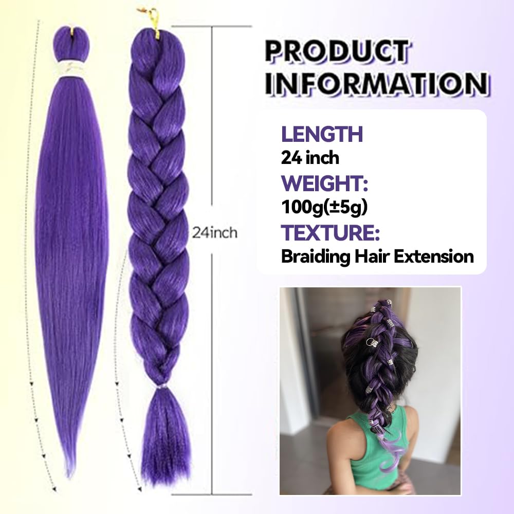 Long Purple Braiding Hair -24 Inch Braiding Hair Pre Stretched Synthetic Braiding hair Extensions for Braids for Party Halloween Costume Cosplay (Purple, 24 Inch)