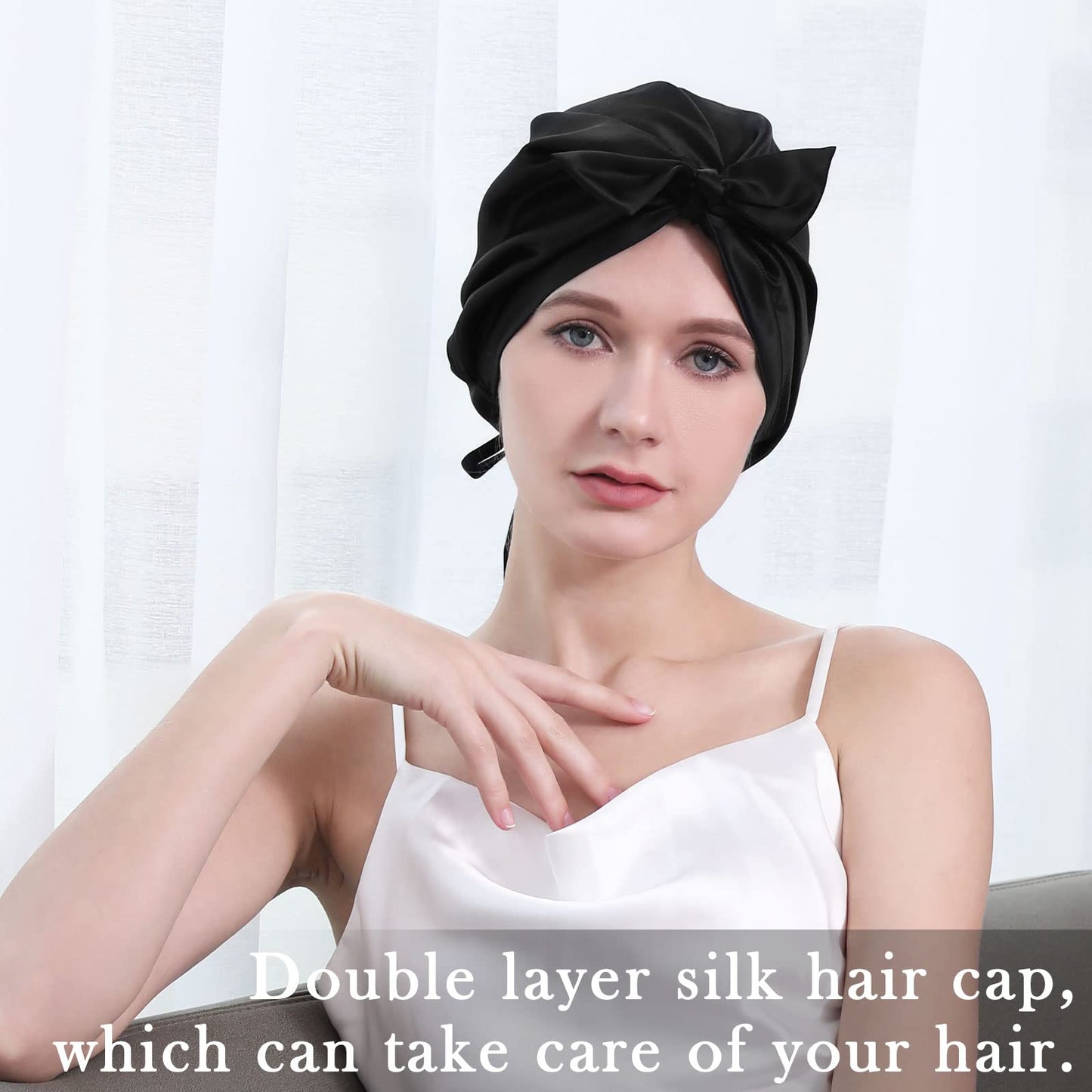 100% Mulberry Silk Bonnet for Sleeping Women, 22 Momme Grade-6A Hair Wrap with Elastic Stay& Tie Band On Head for Hair Care Short Long Curly Hair