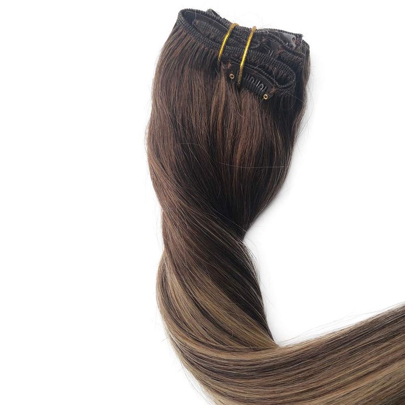 Clip In Human Hair Extensions - 18" Double Weft Brazilian Hair, 8Pcs 140g Set | Highlighted #4 Medium Brown & #24 Auburn