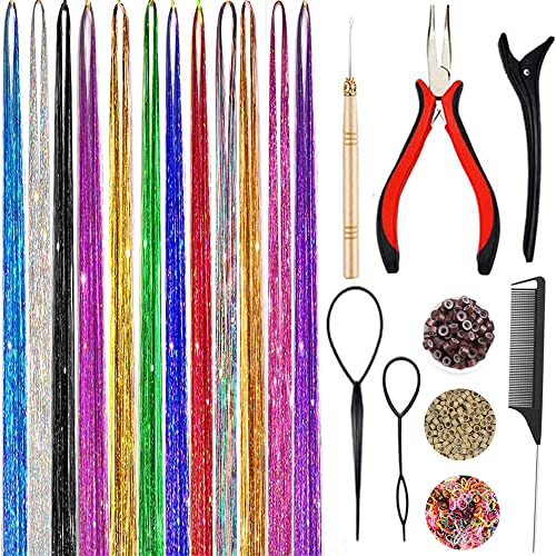 Hair Tinsel Kit, Fairy Tinsel Hair Extensions With Tool 3200 Strands 12 Colors Holographic Hair Tinsel Heat Resistant Sparkling Hair Glitter for Christmas New Year Party