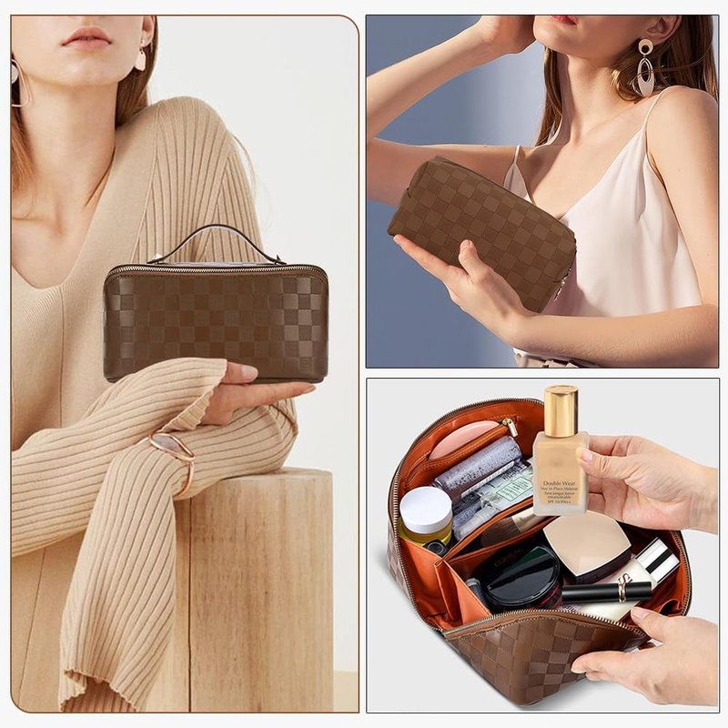 Checkered Travel Makeup Bags | Large Capacity Waterproof Cosmetic Organizer Set - PU Leather with Handle & Divider (Brown)