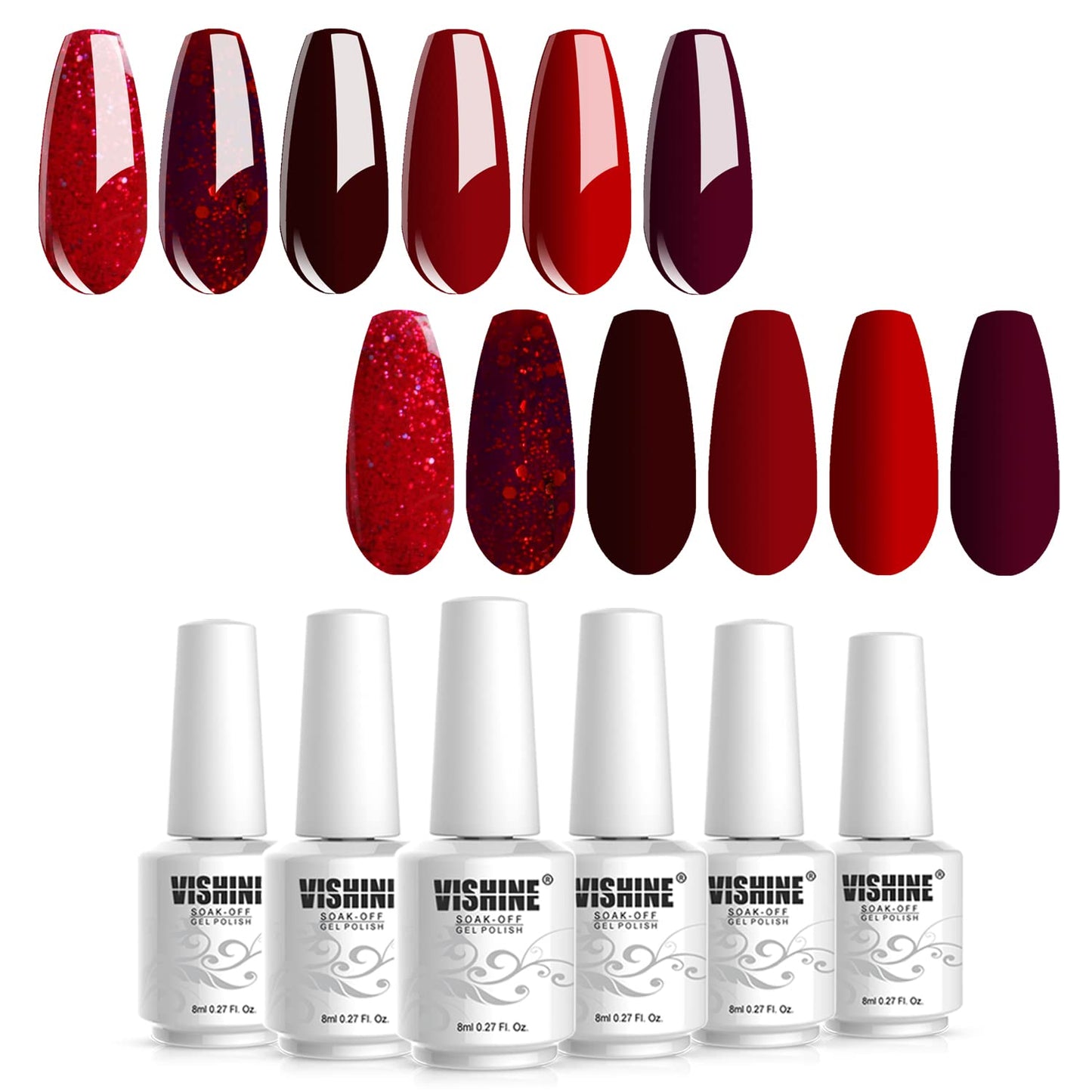 Vishine Burgandy Red and Red Glitter Gel Polish Set 6 Colors Long Lasting, Soak Off UV LED Gel 8ml Bottle