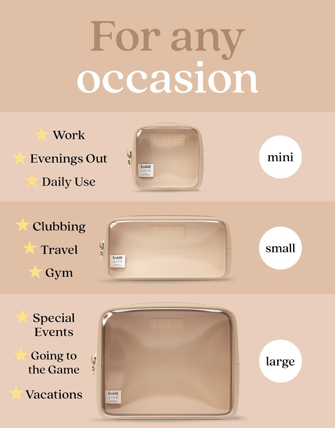 Clear Cosmetic Bags Set of 3 - Mini, Small & Large Makeup Pouches | Travel Toiletry Organizers in Sand