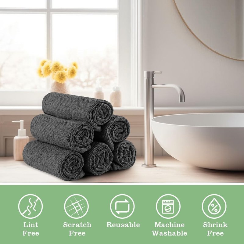 Washcloths Bulk - 100 Pack Microfiber Face Towels | Soft, Fast-Drying Cleansing Cloths for Bathroom, Spa, Hotel - Grey (12" x 12")
