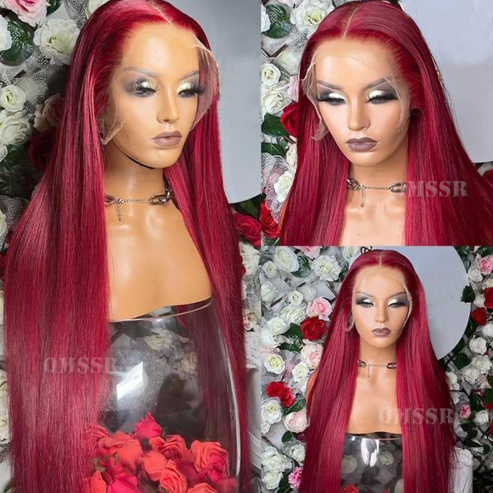 QMSSR Burgundy Red Lace Front Wig Long Straight Synthetic Lace Front Wigs for Women Glueless 13x3 Lace Heat Resistant Fiber Hair Wig Natural Hairline Baby Hair