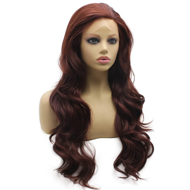 Peakia Long Wavy Dark Red Natural Half Hand Tied Synthetic Lace Front Wig