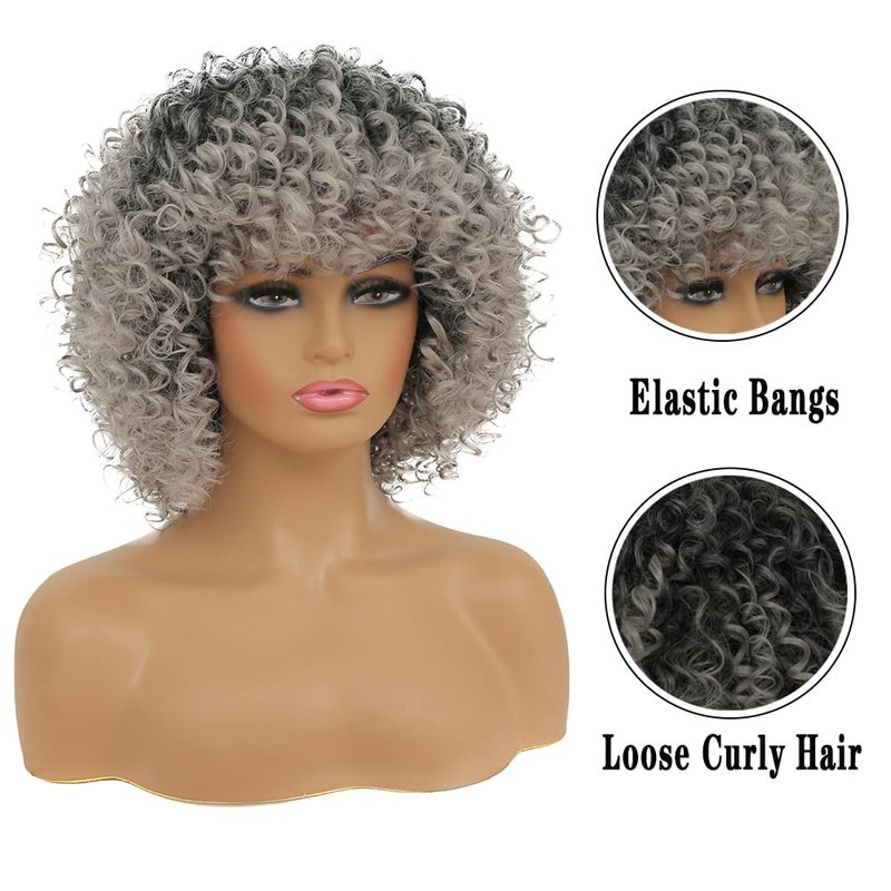 Kaneles Short Grey Kinky Afro Wig for Black Women Synthetic Mixed Gray Wigs with Bangs Hair Shoulder Length Kinky Afro Curly Wig for Daily