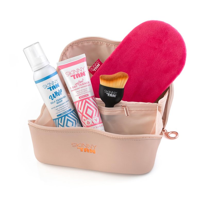Your Perfect Glow Collection Set by Skinny Tan for Women - 4 Pc Gift Set 5oz Self Tanning Whip, 1oz Day Instant Tanner, Miracle Blush, Pink Velvet Tanning Mit
