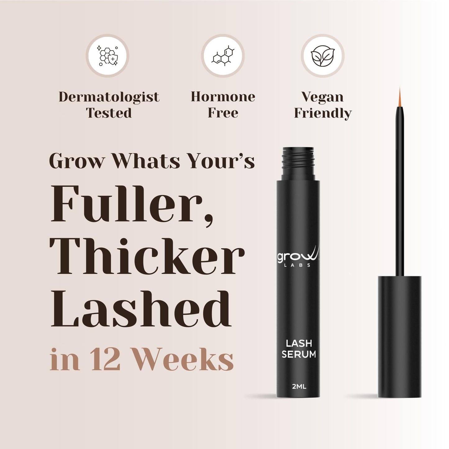 Grow Labs Lash Serum – Eyelash Enhancer with Peptides & Biotin – Strengthens, Nourishes & Defines Lashes for Longer, Fuller and Thicker Looking – Vegan Formula – Hormone-Free – Made in USA – 2 ml