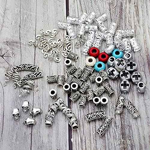 85Pcs Viking Norse Rune Beard Beads Ring Hair Braids Dreadlock Dreads Skull Snake Wolf Cross Turquoise Filigree Cuff Pirate Accessories Clips Pins Tube Locs Hair Extension Jewelry Vintage Silver