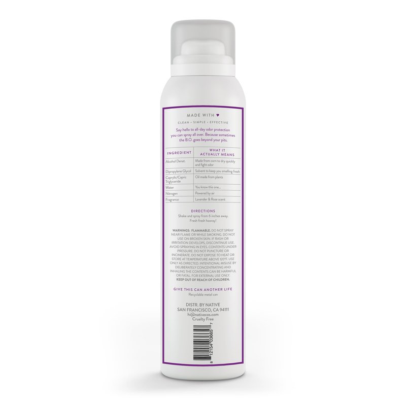 Native Whole Body Deodorant Spray, Lavender & Rose Scent, 72 Hour Odor Control for Pits, Privates & More, Aluminum Free, Quick-Drying Deodorant for Men & Women, 3.5 oz