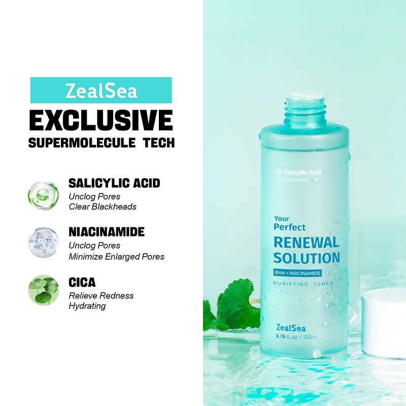 ZealSea 2% Salicylic Acid Toner for Face with 2% Niacinamide - BHA Liquid Exfoliant for Blackheads and Enlarged Pores, Exfoliate for Face to Soothe Breakouts, Exfoliating Toner, 6.76 Fl Oz, Pack of 2