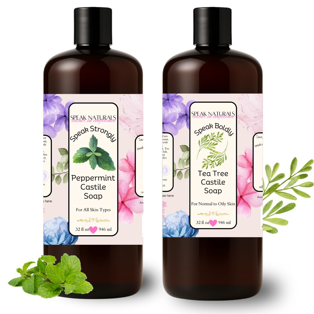 Speak Naturals Teatree and Peppermint Castile Soap for Sensitive Skin 2 Pack with Pumps 32 Fl Oz