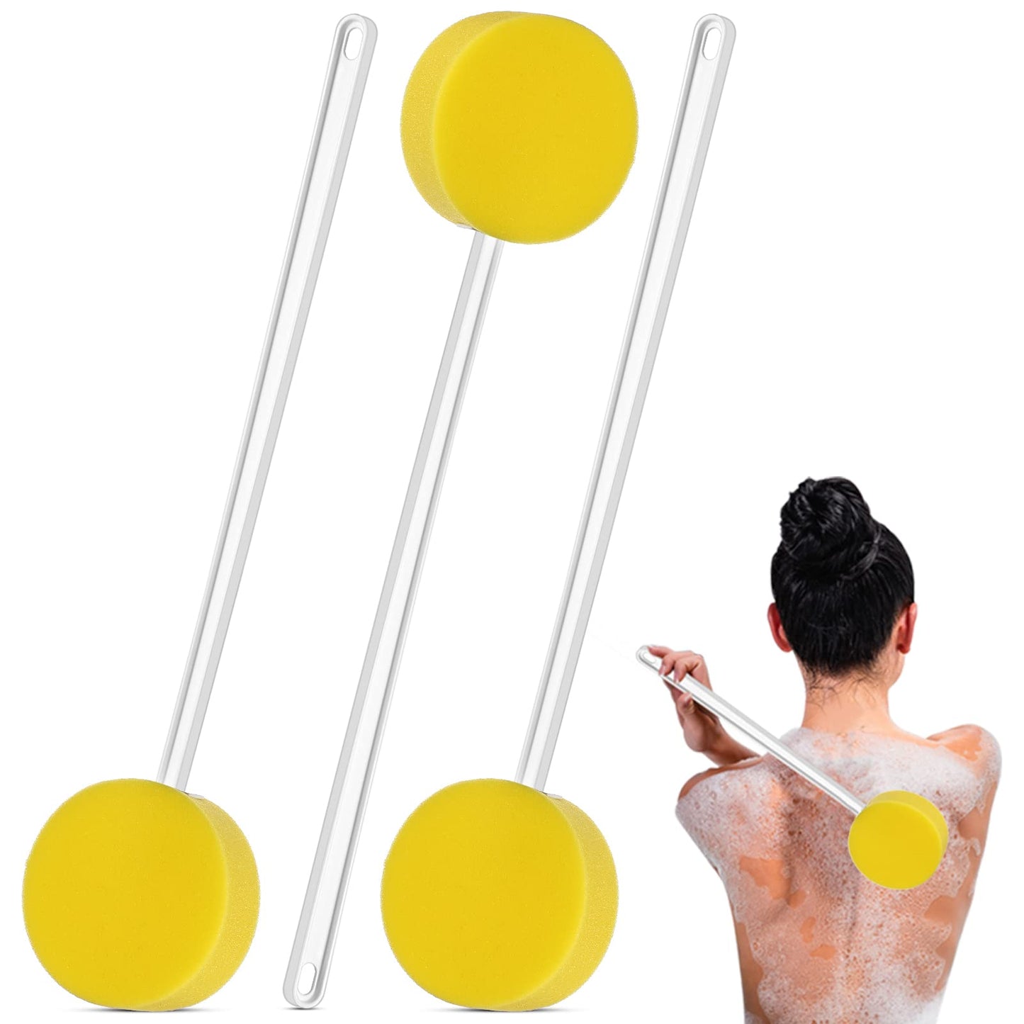 Yetene 3 Pcs Long Handle Bath Sponge 22.4'' Back Sponge on a Stick Lightweight Back Washer Handled Butt Scrubber Shower Brush for Foot Body Cleaning Bathing Limited Motion, Yellow(Round Style)