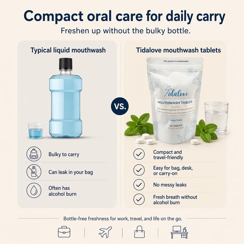 Mouthwash Tablets - Alcohol-Free, Eco-Friendly, Travel-Friendly, with Nano-HA & Green Tea for Fresh Breath and Enamel Protection - 124 Tablets (Refill)