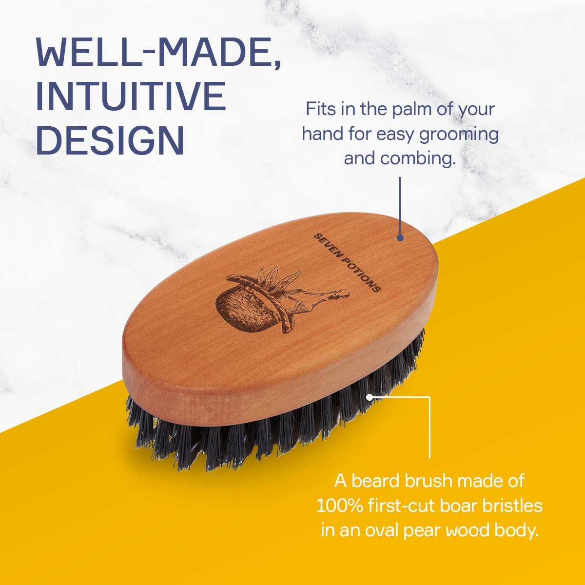 Seven Potions Beard Brush For Men With 100% First Cut Boar Bristles. Made in Pear Wood With Firm Bristles To Tame and Soften Your Facial Hair