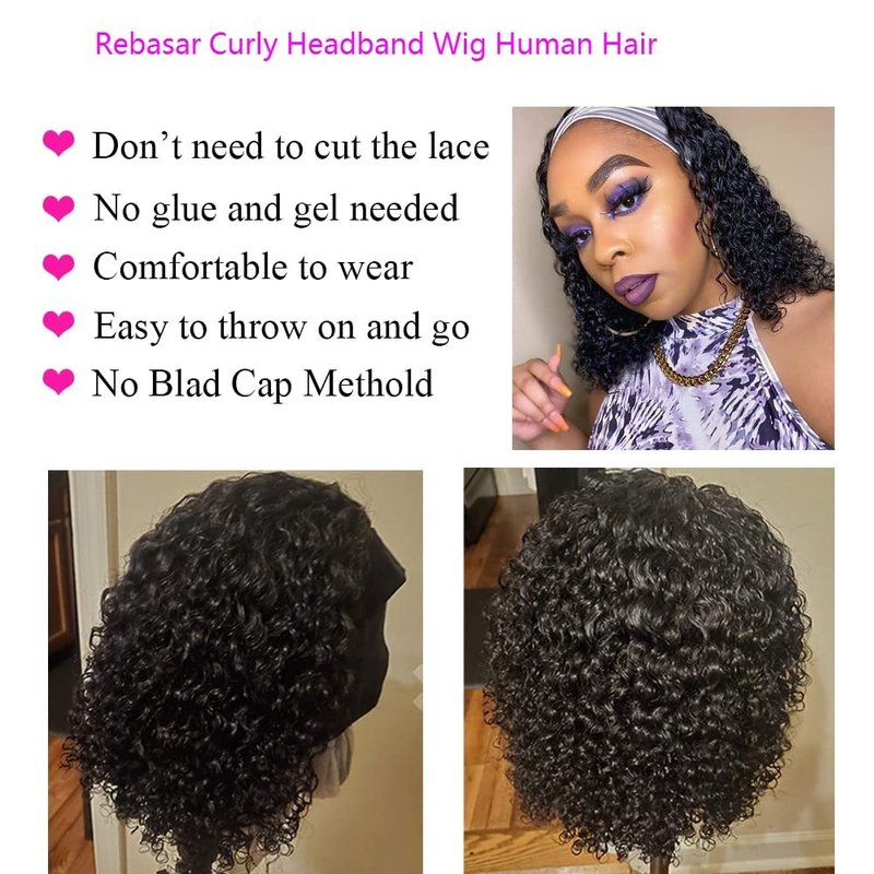 Rebasar Headband Wigs Human Hair 10 Inch Glueless Short Curly Headband Wigs for Black Women Human Hair None Lace Front Wear and Go Wigs Natural Black