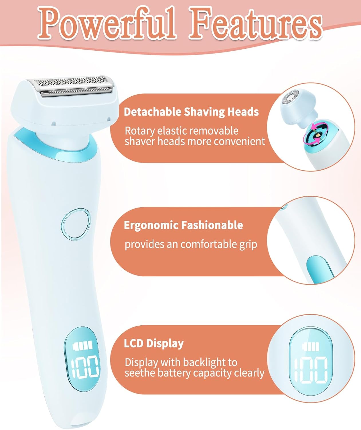Bikini Trimmer for Women - Dual Head IPX7 Waterproof Electric Razor | Painless Cordless Shaver for Pubic Hair, Face & Legs (Blue)
