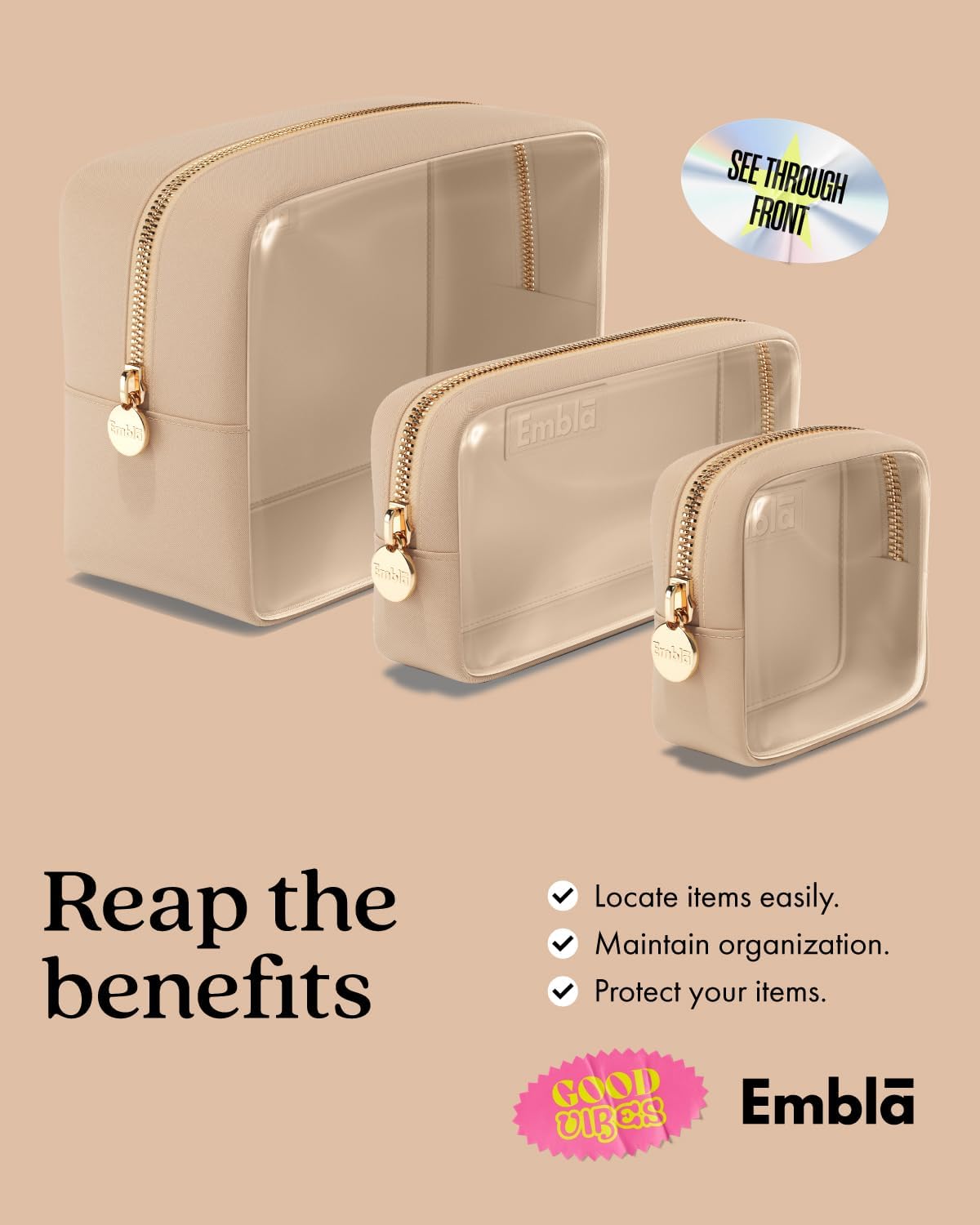 Clear Cosmetic Bags Set of 3 - Mini, Small & Large Makeup Pouches | Travel Toiletry Organizers in Sand