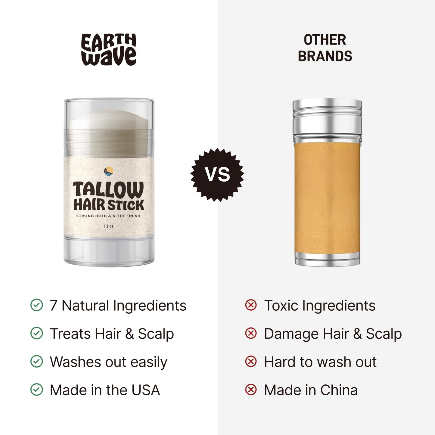 Earth Wave All Natural Tallow Hair Wax Stick, Strong Hold, Sleek Finish, Tames Flyaways, Styling Stick for All Hair Types, Organic Ingredients - Zero Toxins - American Made - 1.7oz
