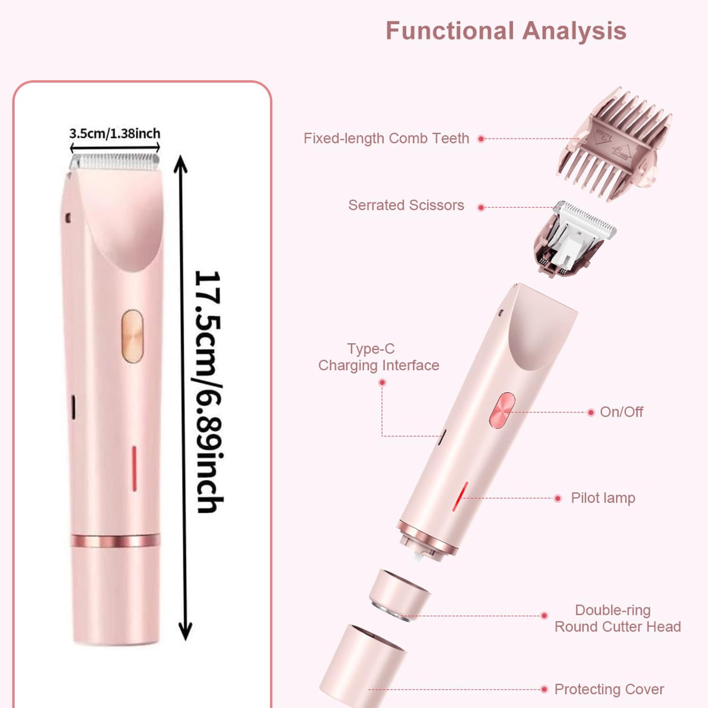 Valentines Day Gifts for Her, Bikini Trimmer for Women,2 in 1 Dual Head Bikini Shaver & Body Shaver, Cordless & Waterproof Electric Bikini Trimmer for Women,Pink