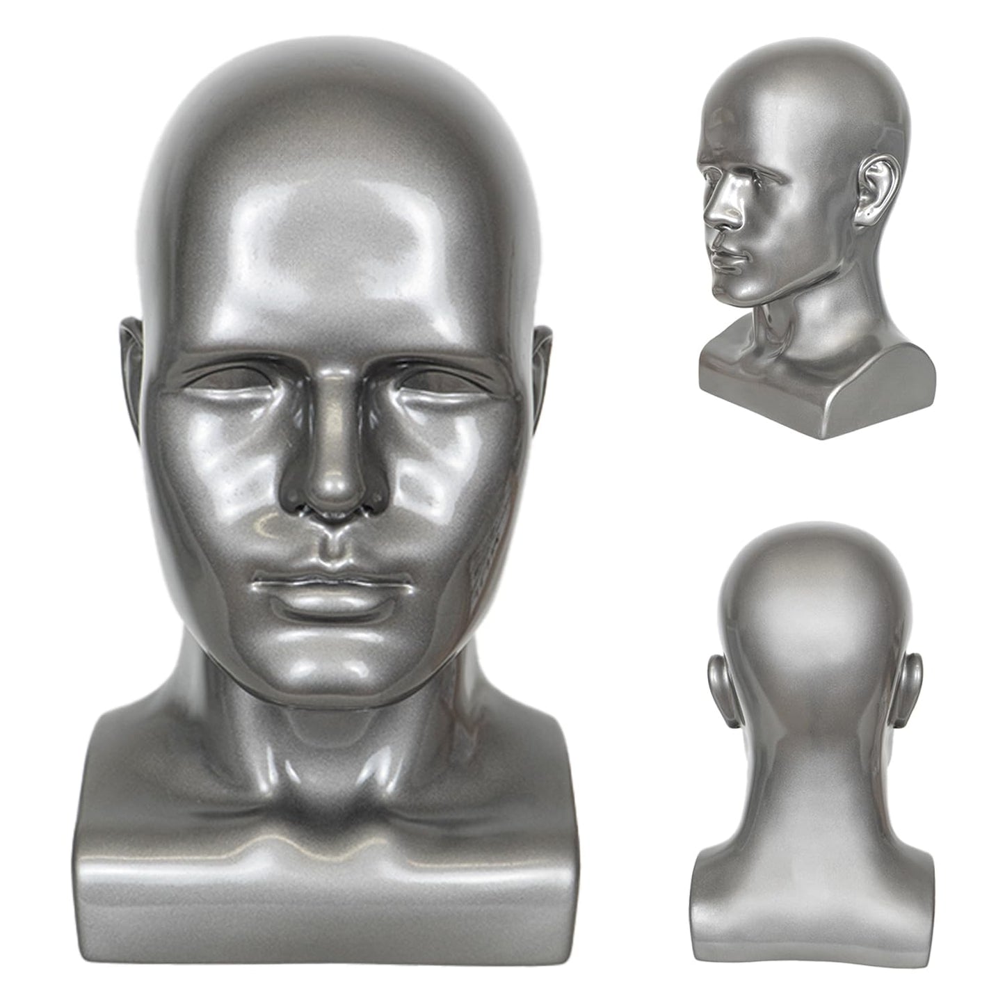 Male Mannequin Head, Metallic Gray Male Mannequin Head with Stand Professional Manikin Head, Bald Training Head for Display Wigs (Gray)