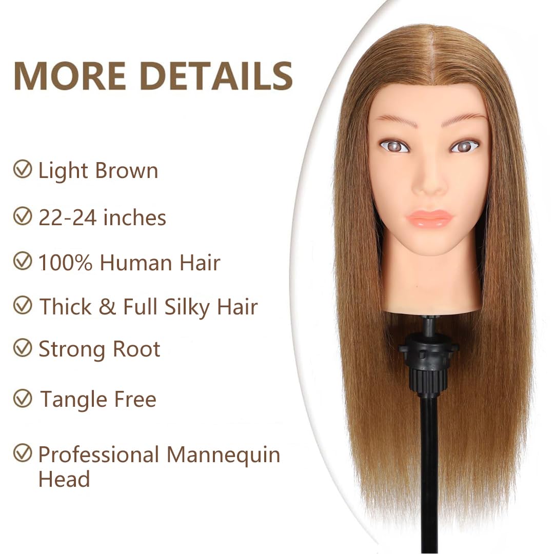 MQHIHI Mannequin Head Human Hair, 100% Real Hair Cosmetology Manikin Head for Practice Braiding Hairstyling Cutting with Free Clamp Holder and Tools (100% Light Brown)