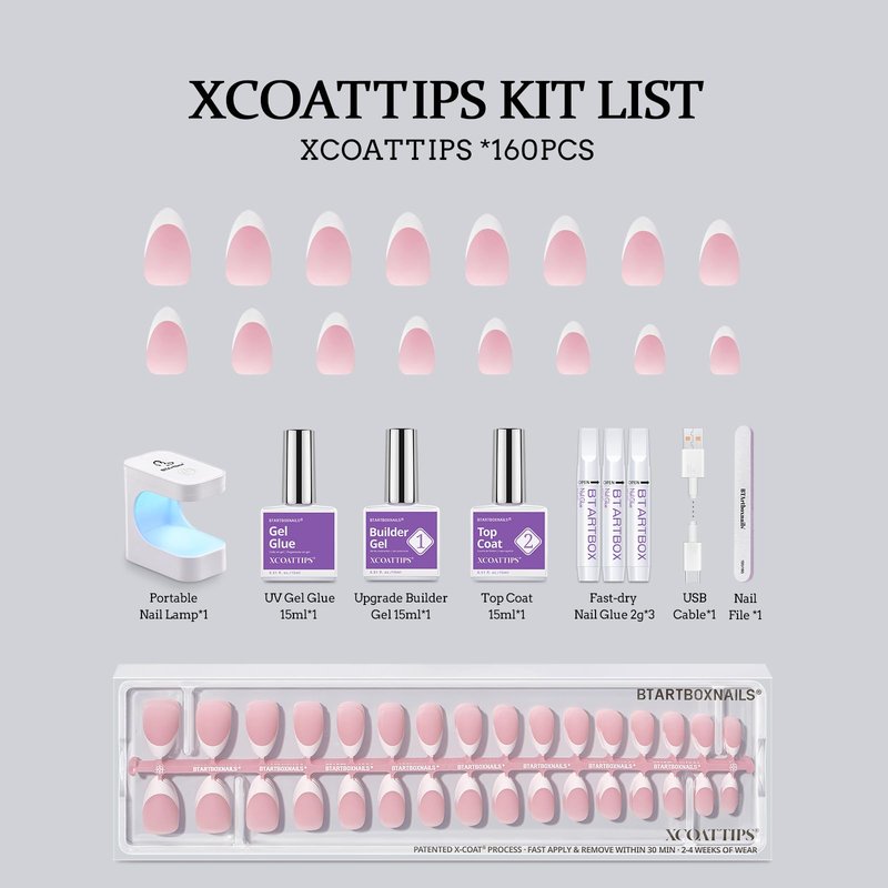 BTArtboxnails XCOATTIPS Press on Nails - Short Almond Nail Tips with Nail Gel, French Protecing Duo, Nail Lamp, All in One Soft Gel French Tip Press on Nails Gel Extension