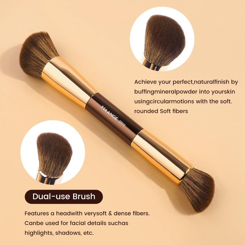 MAANGE 15 PCS Makeup Brushes Double-ended Makeup Brush Set Double Sided Angled/Round Top Brush Foundation Contour Blending Eyebrow Eyeshadow Concealer (Coffee Gold)