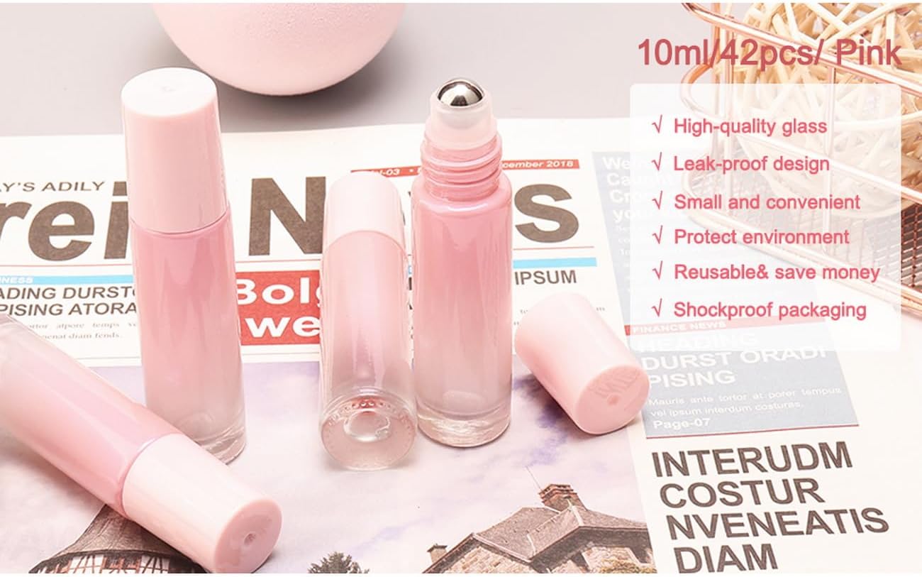 42pcs Roller Bottle Set - 10mL Refillable Roll-On Bottles with Stainless Steel Roller Balls & Funnels | Perfect for Travel, Perfume & Lip Gloss