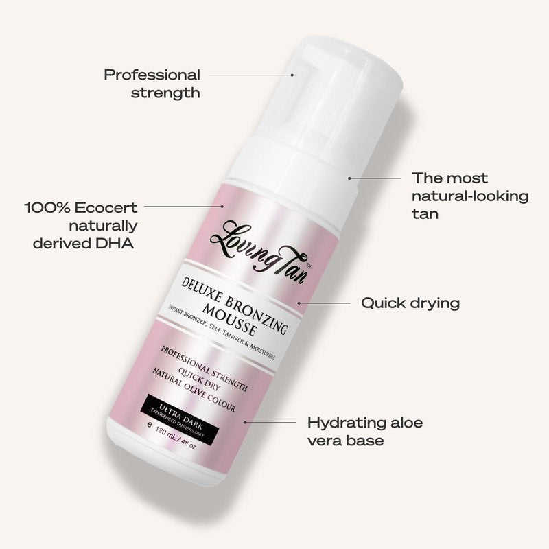 Loving Tan Deluxe Self Tanning Bronzing Mousse, Ultra Dark - Streak Free, Professional Quality Sunless Tanning - Up to 5 Self Tanner Applications per Bottle, Cruelty Free - 4 FL Oz
